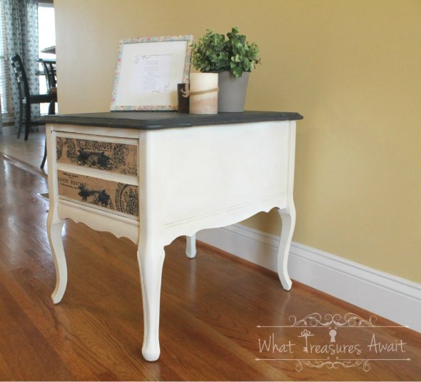 Chalk-paint-side-table-with-burlap-drawers
